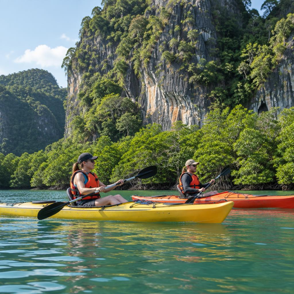 Two guests paddling beneath Langkawi's limestone cliffs
