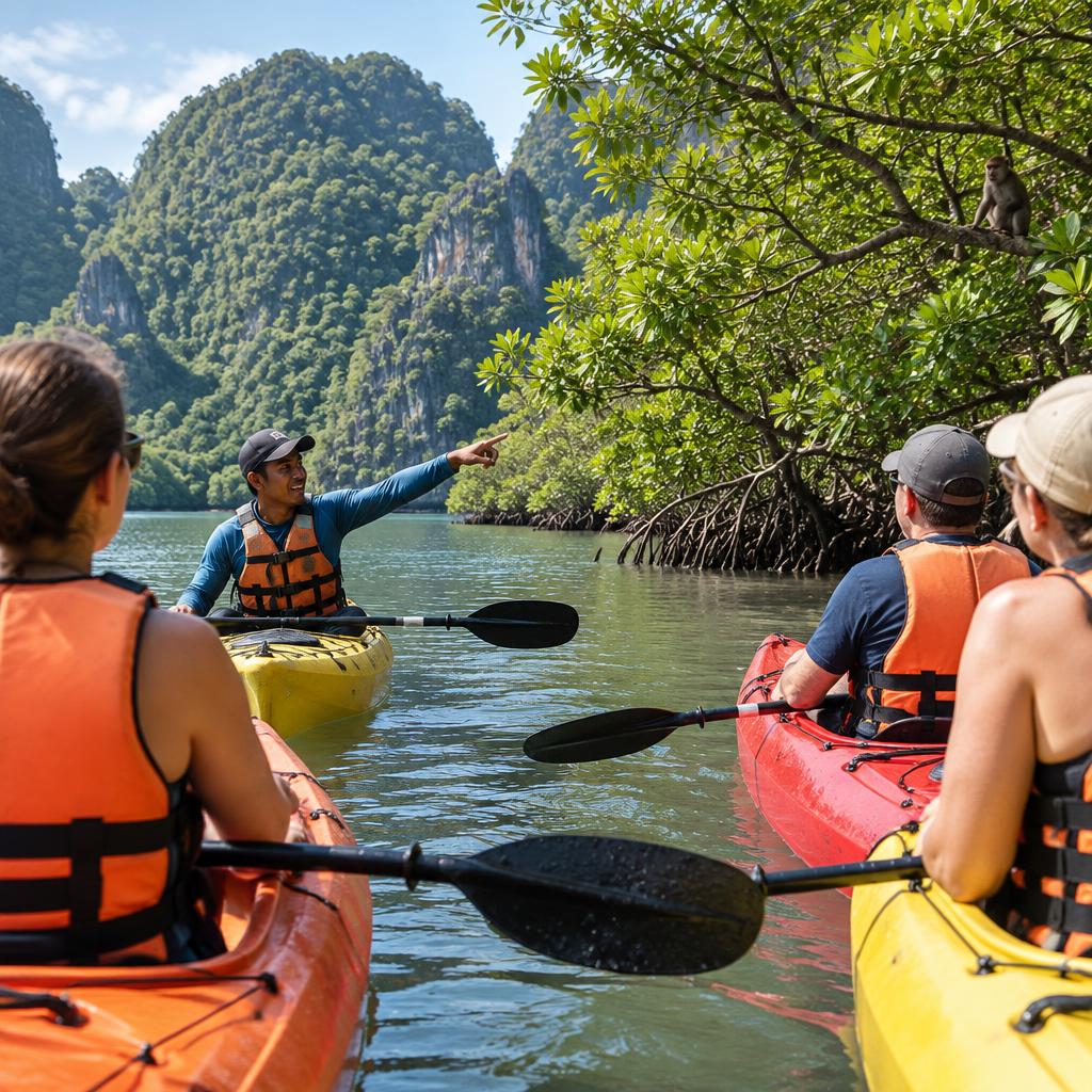A local kayak guide pointing out wildlife to guests on the water