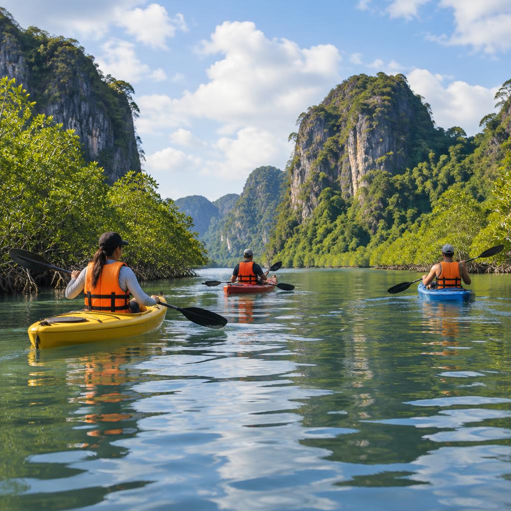 Kayakers crossing a tranquil lagoon framed by mangroves and limestone peaks
