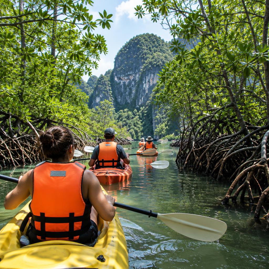 Kayakers following a narrow mangrove channel toward Langkawi's limestone cliffs