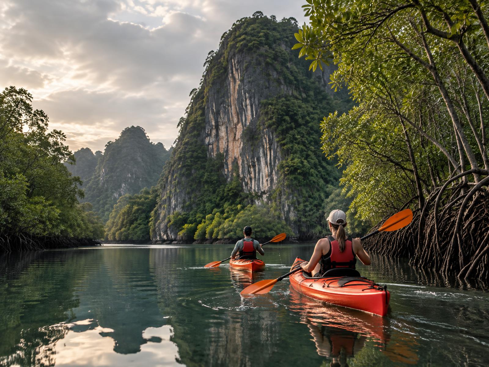 Kayakers travelling through Langkawi's mangroves and limestone cliffs