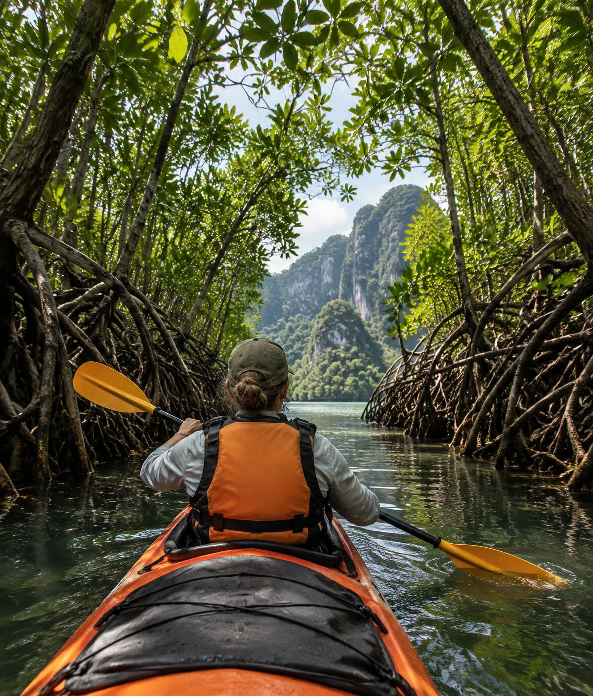 Kayaking through a narrow Langkawi mangrove channel
